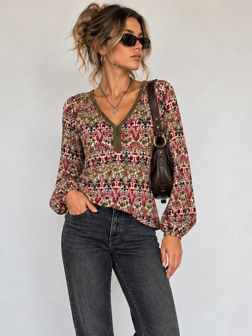 Boho Paisley Medallion V Neck Long Sleeve Top